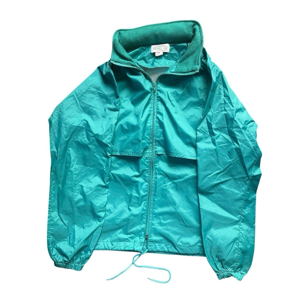 Vintage Sansabelt Golf Windbreaker M Teal Retractable Hood 80s Casual